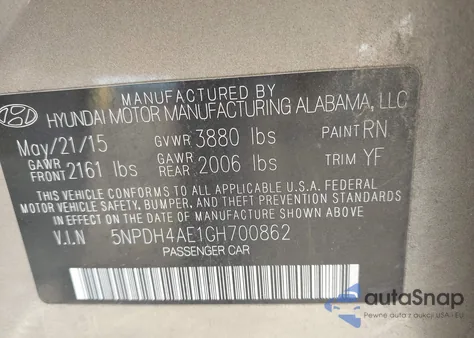 2016 Hyundai Elantra Se from USA, damaged, VIN 5NPDH4AE1GH700862